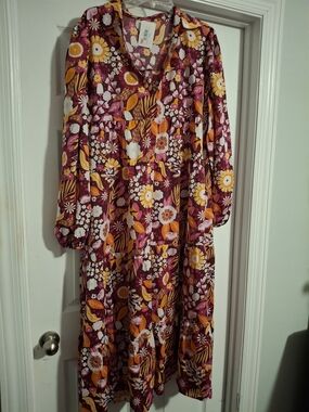 POCKETS!!! Burgundy Floral Tiered Long Sleeve Dress with Pink & Gold Accents